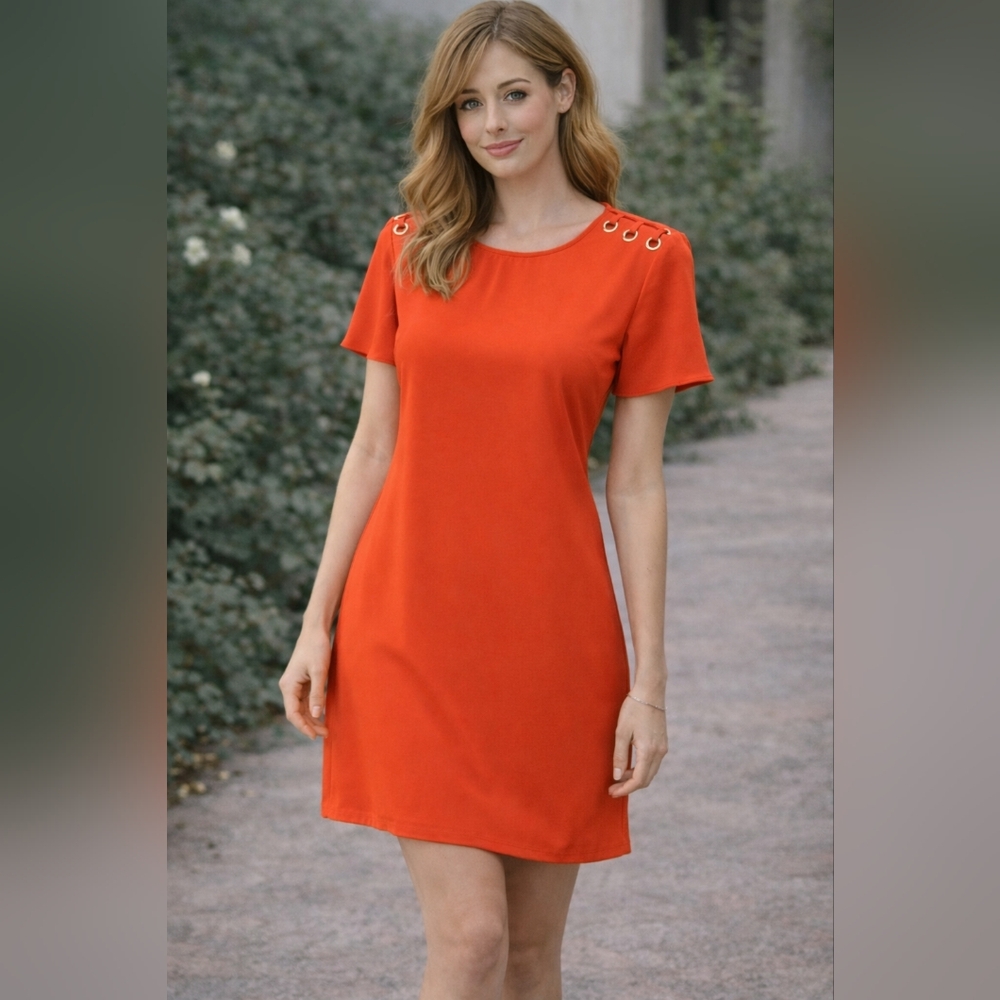 Suzy Shier Coral Mini Shift Dress Gold Shoulder Detail Size M